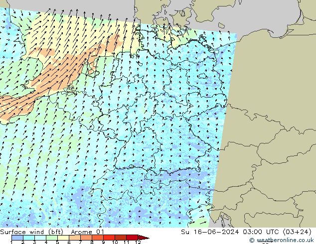 Surface wind (bft) Arome 01 Su 16.06.2024 03 UTC