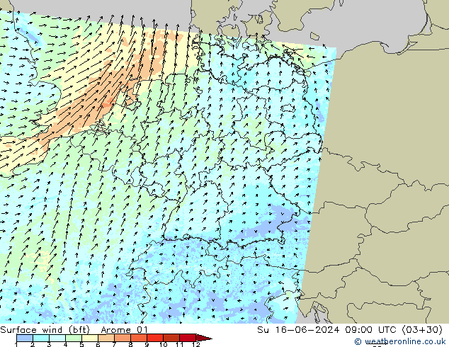 Surface wind (bft) Arome 01 Su 16.06.2024 09 UTC