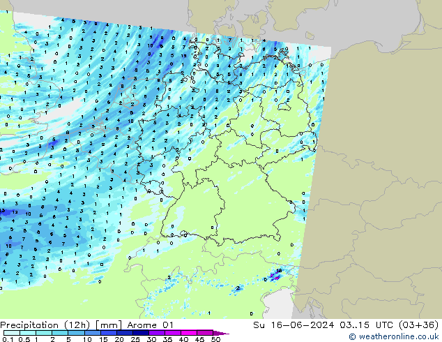 Precipitation (12h) Arome 01 Su 16.06.2024 15 UTC