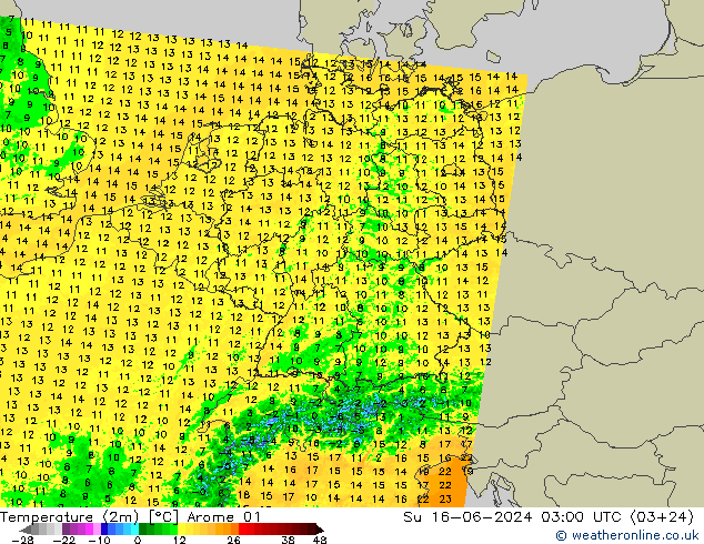 Temperaturkarte (2m) Arome 01 So 16.06.2024 03 UTC