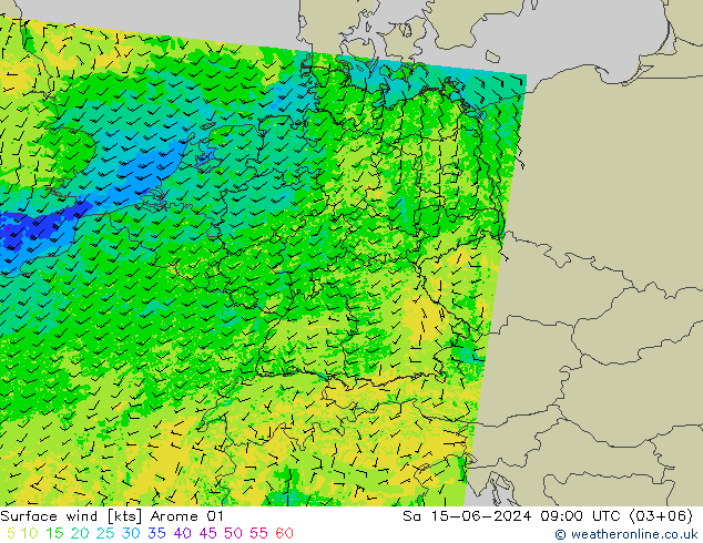 Wind 10 m Arome 01 za 15.06.2024 09 UTC