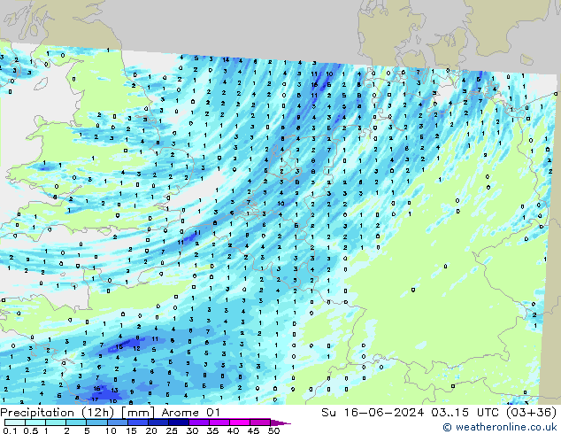 Precipitación (12h) Arome 01 dom 16.06.2024 15 UTC