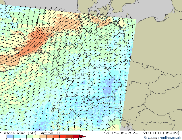Surface wind (bft) Arome 01 Sa 15.06.2024 15 UTC
