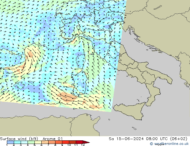 Rüzgar 10 m (bft) Arome 01 Cts 15.06.2024 08 UTC