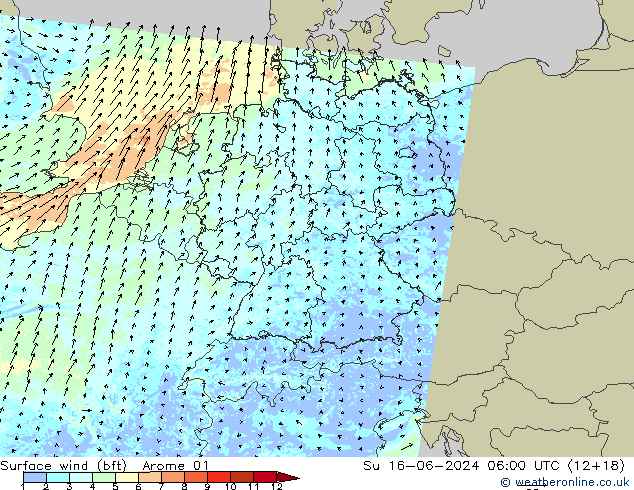 Wind 10 m (bft) Arome 01 zo 16.06.2024 06 UTC