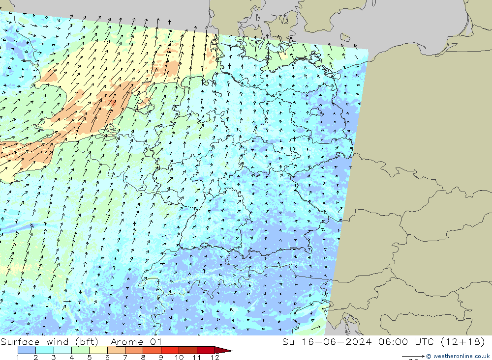 Bodenwind (bft) Arome 01 So 16.06.2024 06 UTC