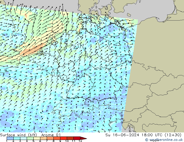 Bodenwind (bft) Arome 01 So 16.06.2024 18 UTC