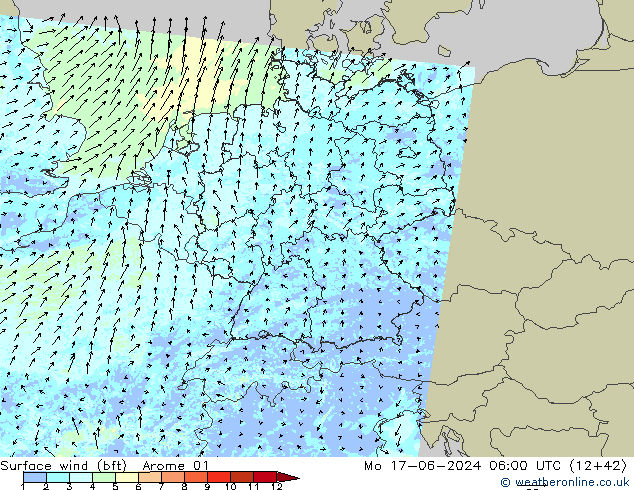 Rüzgar 10 m (bft) Arome 01 Pzt 17.06.2024 06 UTC