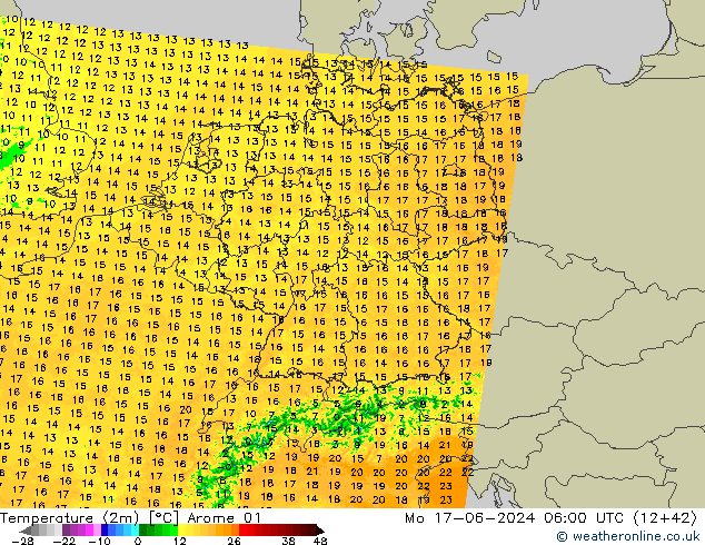 Temperature (2m) Arome 01 Mo 17.06.2024 06 UTC