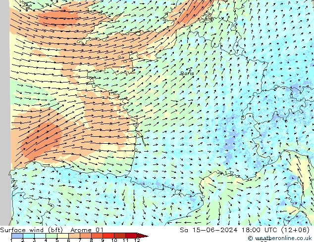 Surface wind (bft) Arome 01 So 15.06.2024 18 UTC