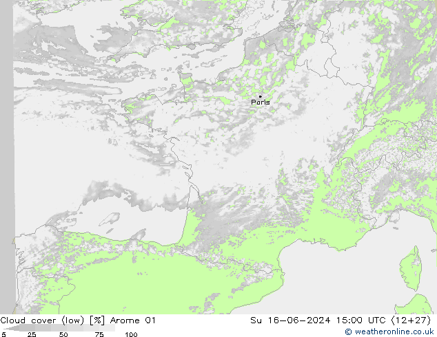 Cloud cover (low) Arome 01 Su 16.06.2024 15 UTC