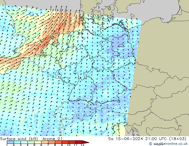 wiatr 10 m (bft) Arome 01 so. 15.06.2024 21 UTC