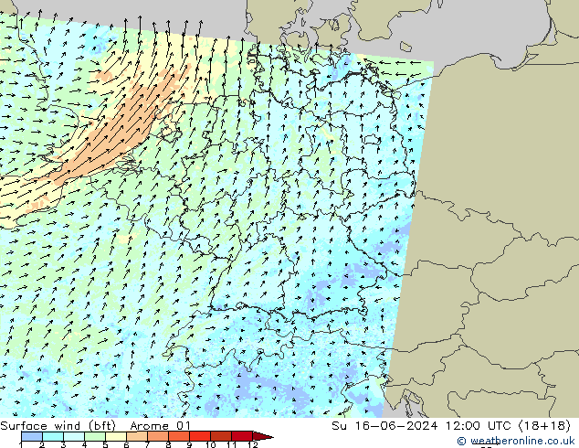 Surface wind (bft) Arome 01 Ne 16.06.2024 12 UTC