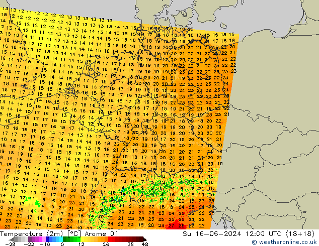 mapa temperatury (2m) Arome 01 nie. 16.06.2024 12 UTC
