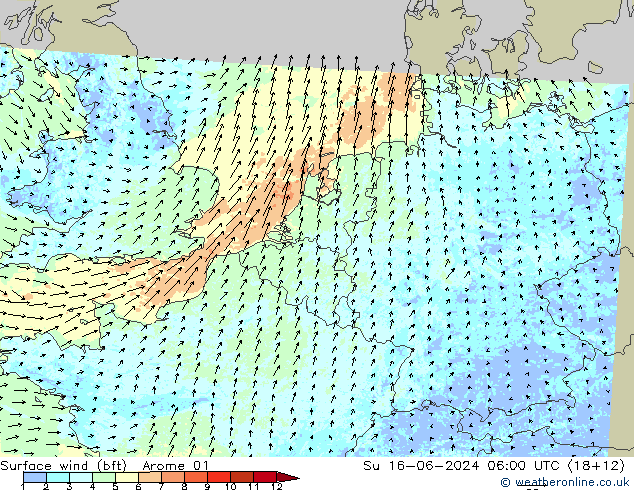 Rüzgar 10 m (bft) Arome 01 Paz 16.06.2024 06 UTC