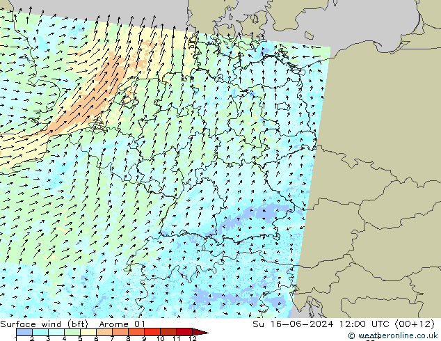 wiatr 10 m (bft) Arome 01 nie. 16.06.2024 12 UTC