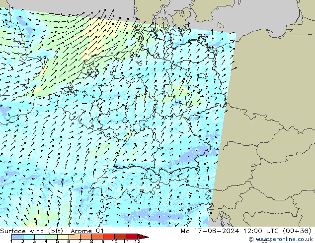 wiatr 10 m (bft) Arome 01 pon. 17.06.2024 12 UTC