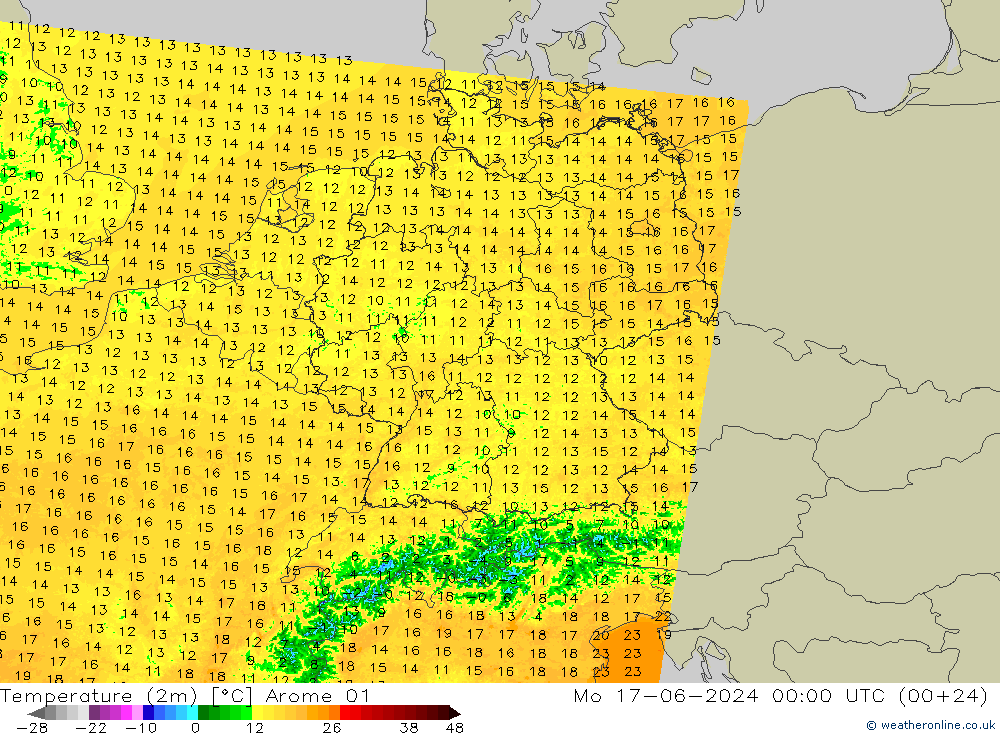 Sıcaklık Haritası (2m) Arome 01 Pzt 17.06.2024 00 UTC