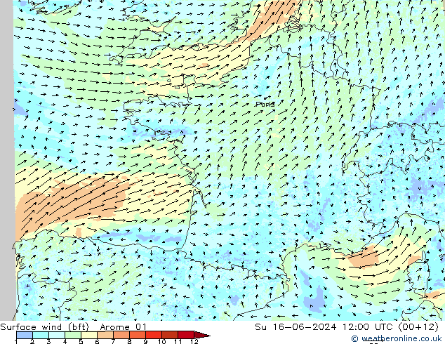 Wind 10 m (bft) Arome 01 zo 16.06.2024 12 UTC