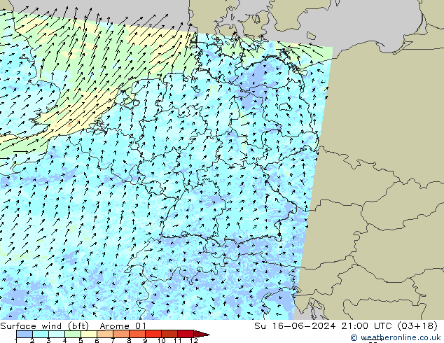 Surface wind (bft) Arome 01 Ne 16.06.2024 21 UTC