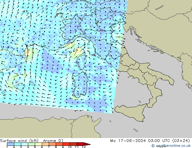 Surface wind (bft) Arome 01 Mo 17.06.2024 03 UTC