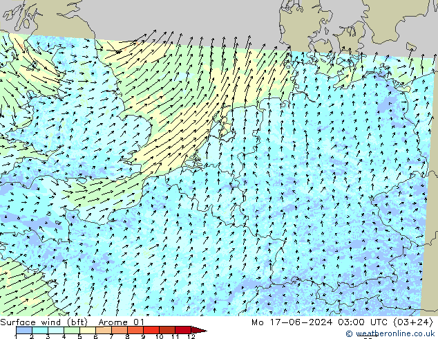 Surface wind (bft) Arome 01 Mo 17.06.2024 03 UTC