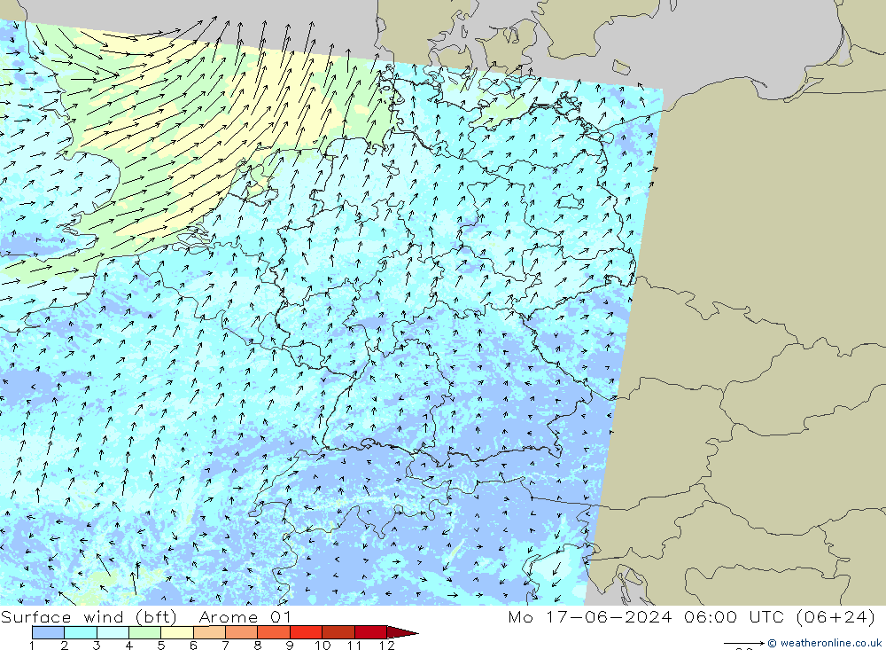 Bodenwind (bft) Arome 01 Mo 17.06.2024 06 UTC