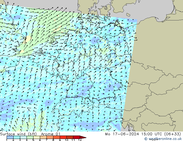Surface wind (bft) Arome 01 Mo 17.06.2024 15 UTC