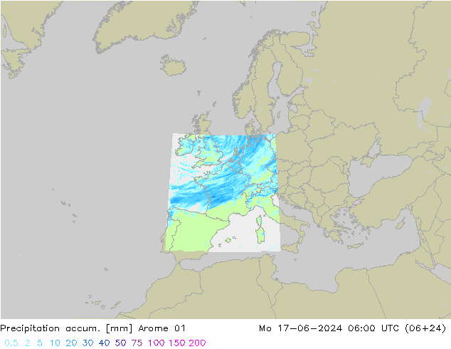 Precipitation accum. Arome 01 星期一 17.06.2024 06 UTC