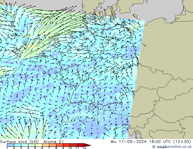 Wind 10 m (bft) Arome 01 ma 17.06.2024 18 UTC