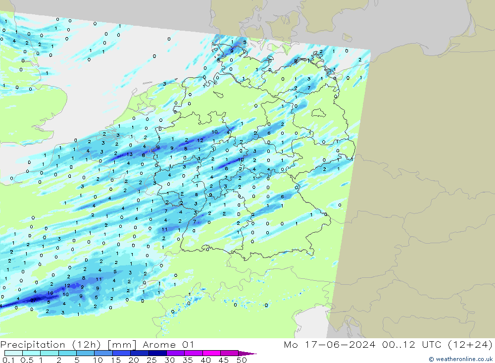 降水量 (12h) Arome 01 星期一 17.06.2024 12 UTC