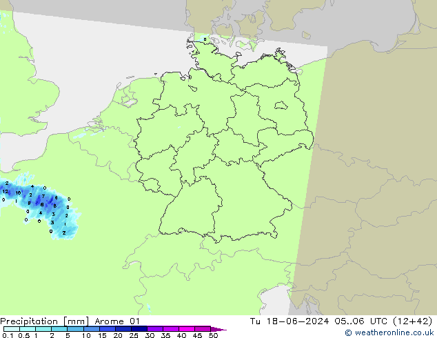 Srážky Arome 01 Út 18.06.2024 06 UTC
