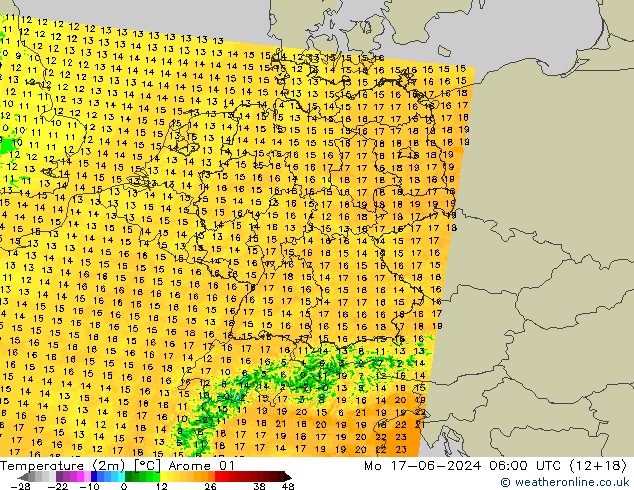 Temperaturkarte (2m) Arome 01 Mo 17.06.2024 06 UTC