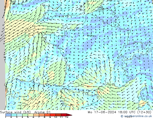 Surface wind (bft) Arome 01 Mo 17.06.2024 18 UTC