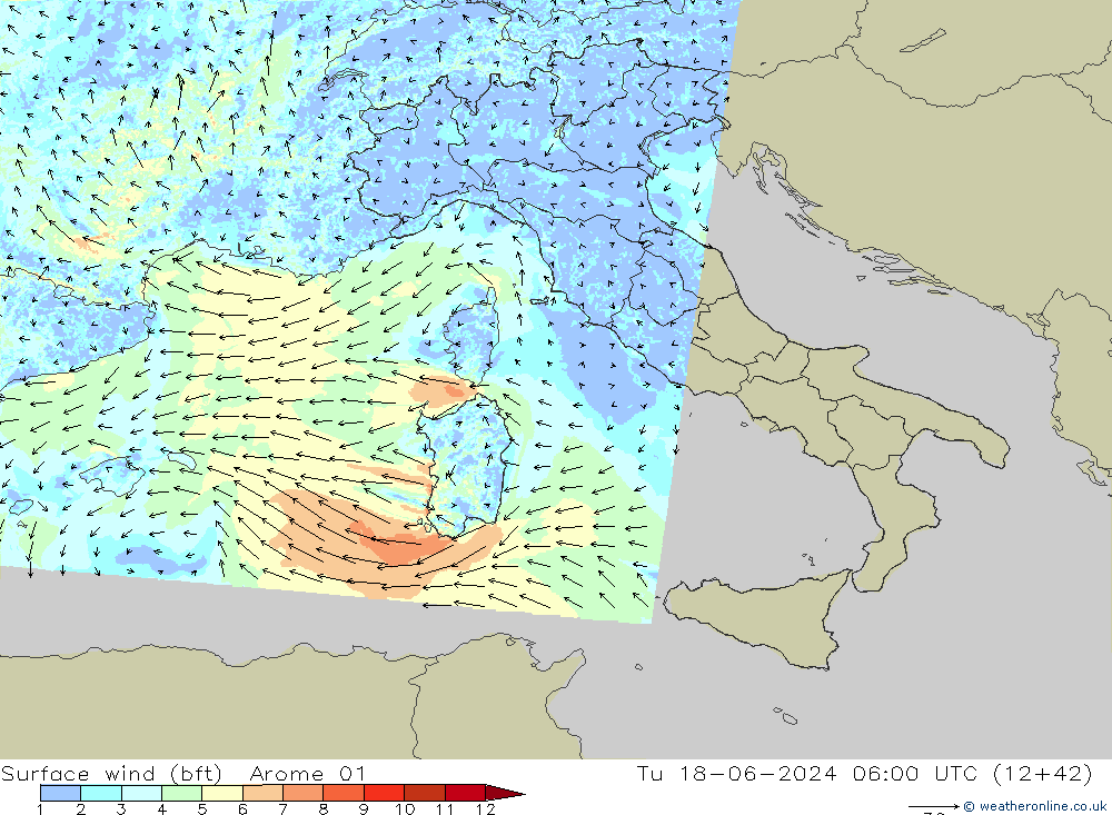 Surface wind (bft) Arome 01 Tu 18.06.2024 06 UTC