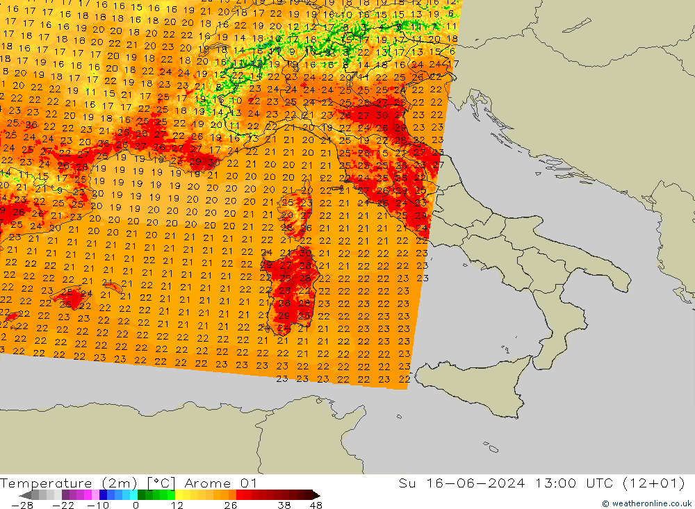 température (2m) Arome 01 dim 16.06.2024 13 UTC