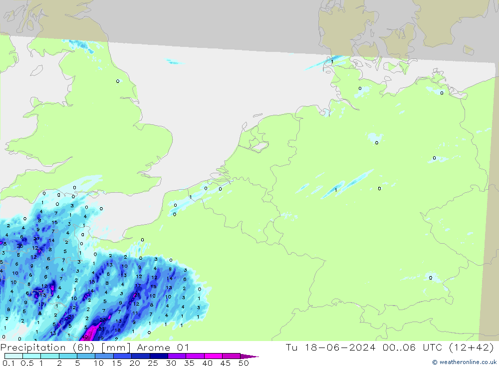 Precipitation (6h) Arome 01 Út 18.06.2024 06 UTC