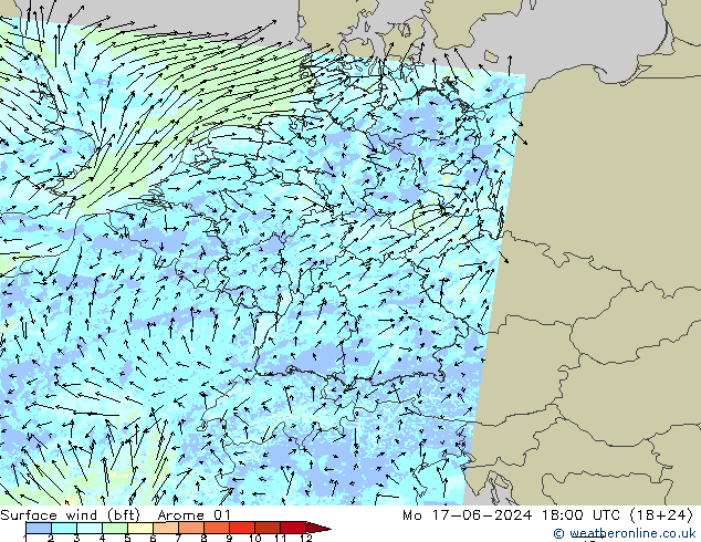 wiatr 10 m (bft) Arome 01 pon. 17.06.2024 18 UTC