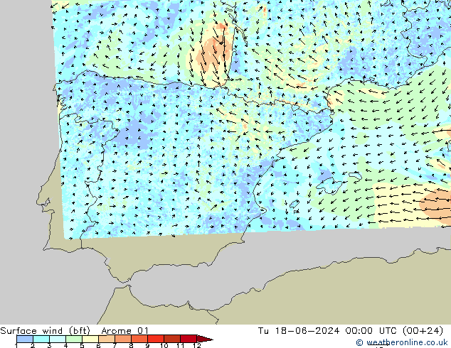 Wind 10 m (bft) Arome 01 di 18.06.2024 00 UTC
