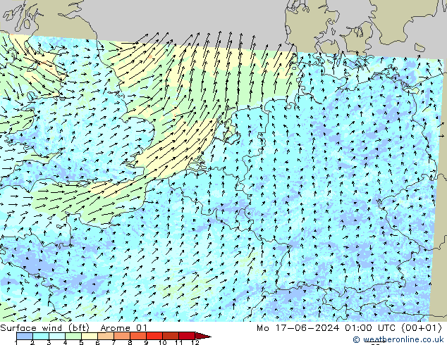 Surface wind (bft) Arome 01 Mo 17.06.2024 01 UTC