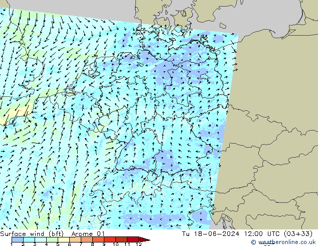 Surface wind (bft) Arome 01 Út 18.06.2024 12 UTC