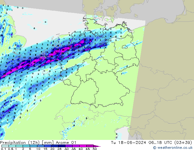 Precipitation (12h) Arome 01 Tu 18.06.2024 18 UTC