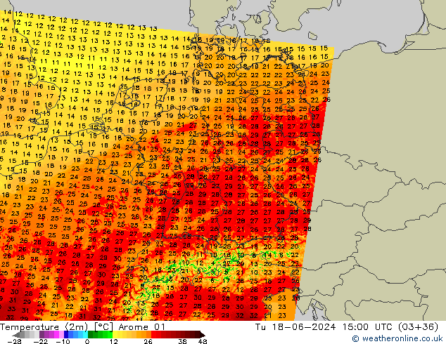 Temperatuurkaart (2m) Arome 01 di 18.06.2024 15 UTC