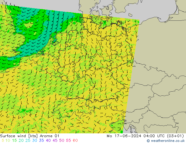 风 10 米 Arome 01 星期一 17.06.2024 04 UTC