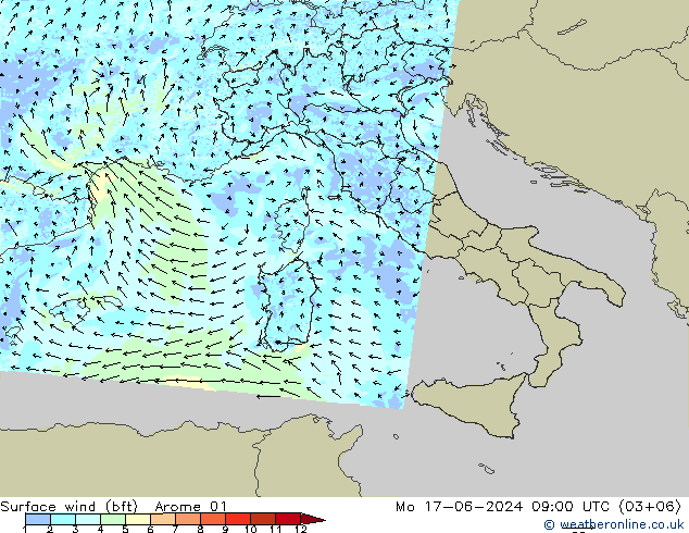 Surface wind (bft) Arome 01 Mo 17.06.2024 09 UTC