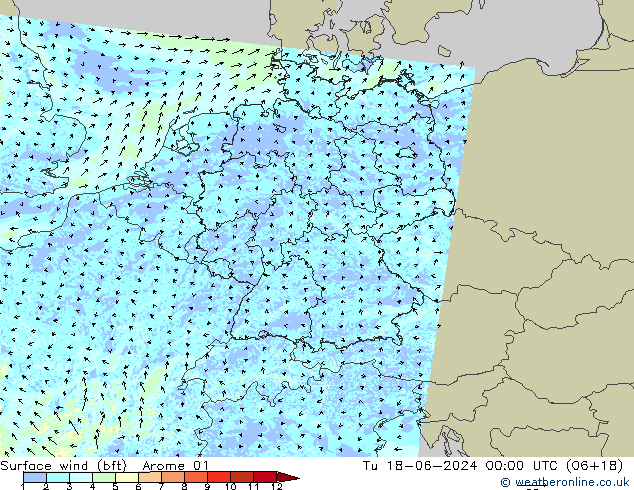 Surface wind (bft) Arome 01 Út 18.06.2024 00 UTC