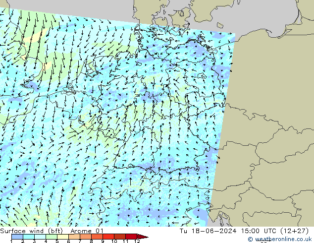 Bodenwind (bft) Arome 01 Di 18.06.2024 15 UTC