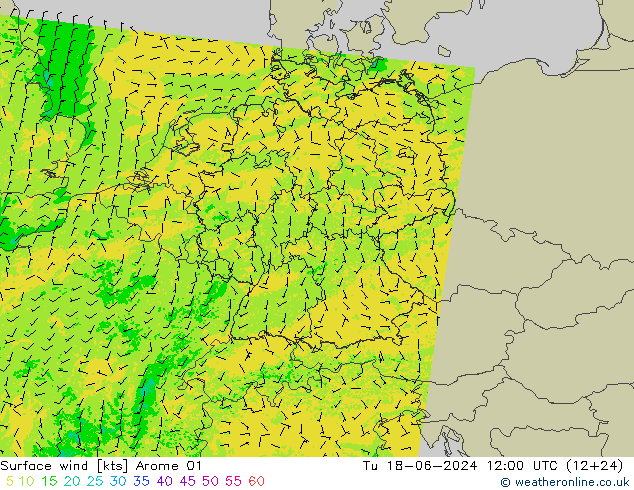 风 10 米 Arome 01 星期二 18.06.2024 12 UTC
