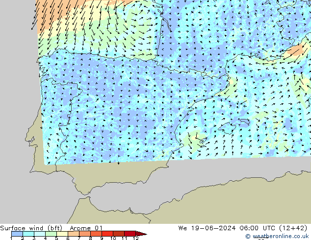 Surface wind (bft) Arome 01 We 19.06.2024 06 UTC