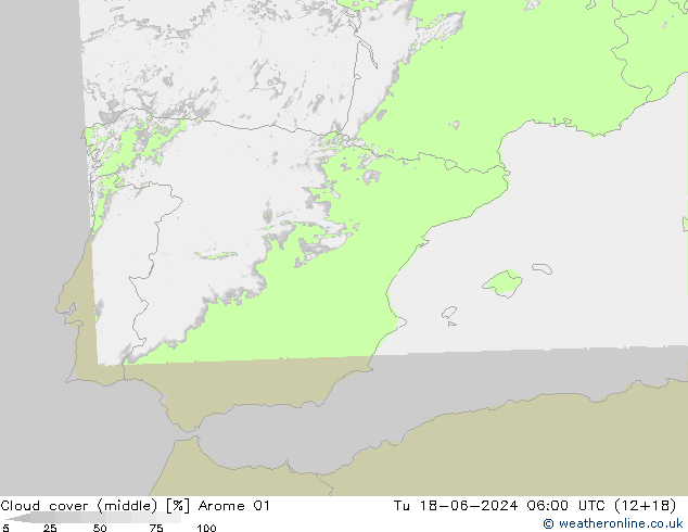 Cloud cover (middle) Arome 01 Tu 18.06.2024 06 UTC